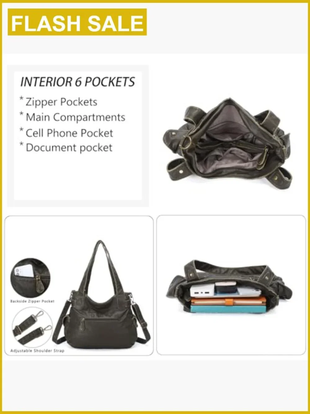 Washed PU Leather Hobo Tote Shoulder Bag Double Zipper Multi Pocket